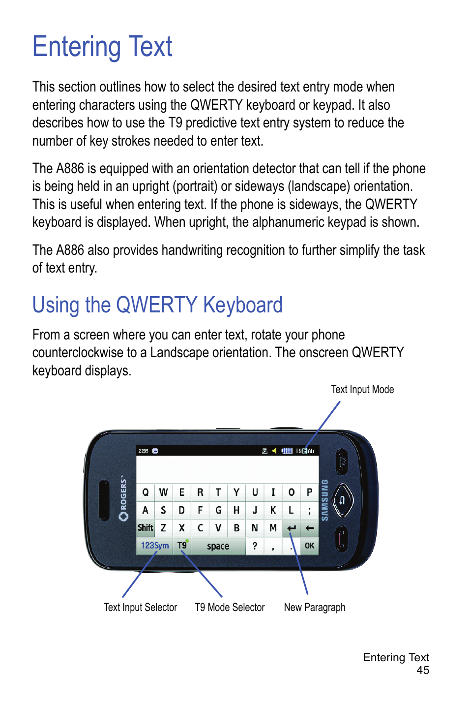 Entering text, Using the qwerty keyboard | Samsung A886 User Manual | Page 51 / 208