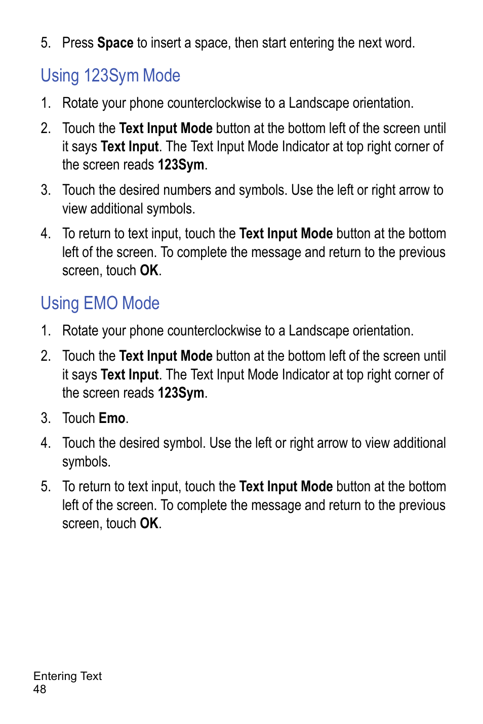 Using 123sym mode, Using emo mode | Samsung A886 User Manual | Page 54 / 208