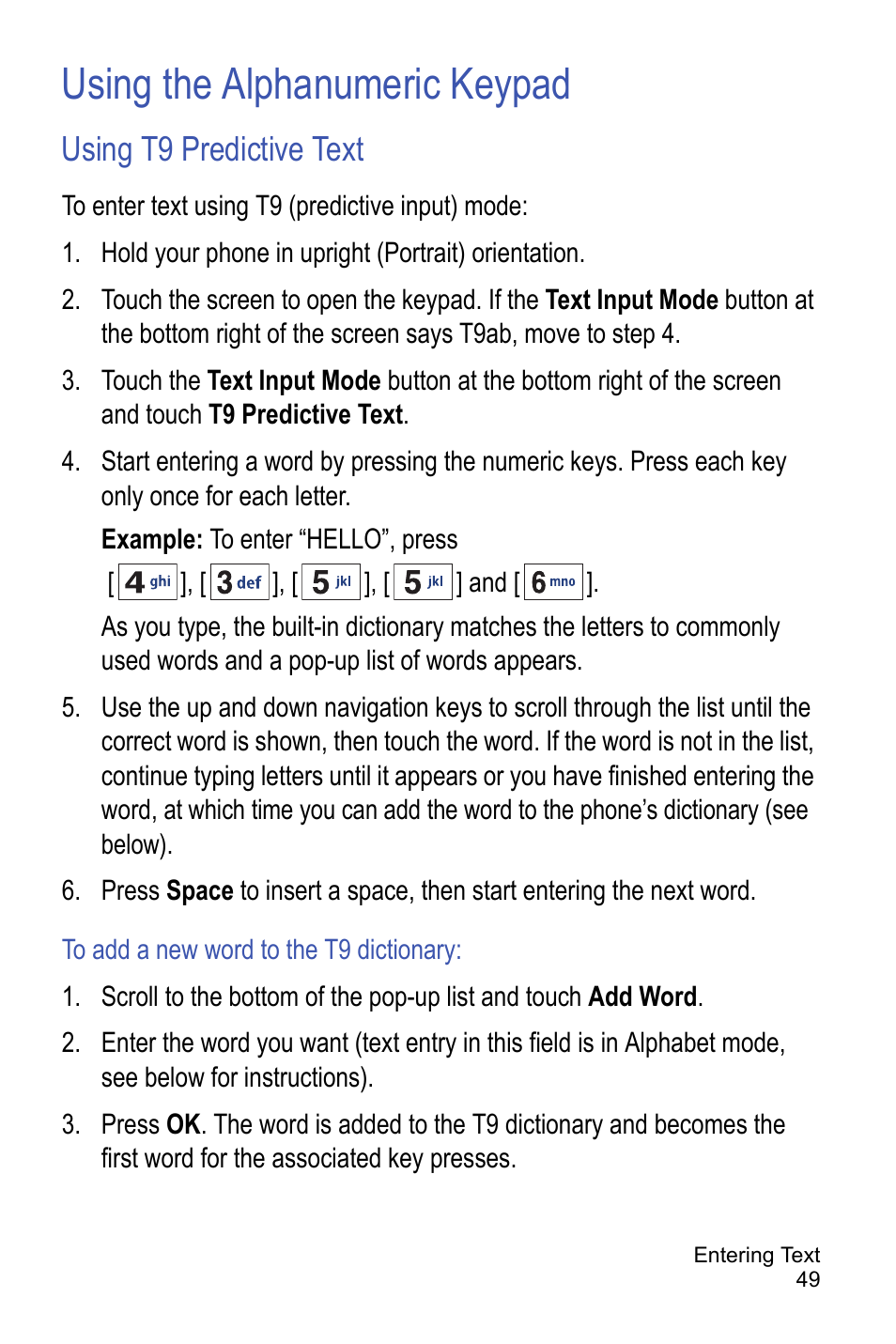 Using the alphanumeric keypad, Using t9 predictive text | Samsung A886 User Manual | Page 55 / 208