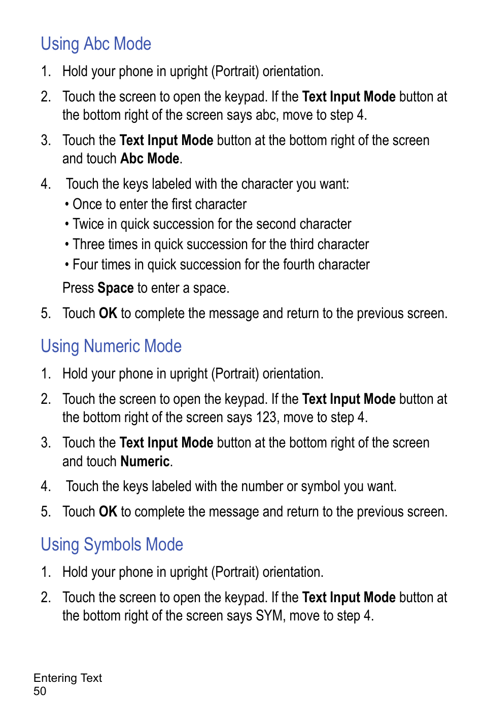 Using abc mode, Using numeric mode, Using symbols mode | Samsung A886 User Manual | Page 56 / 208