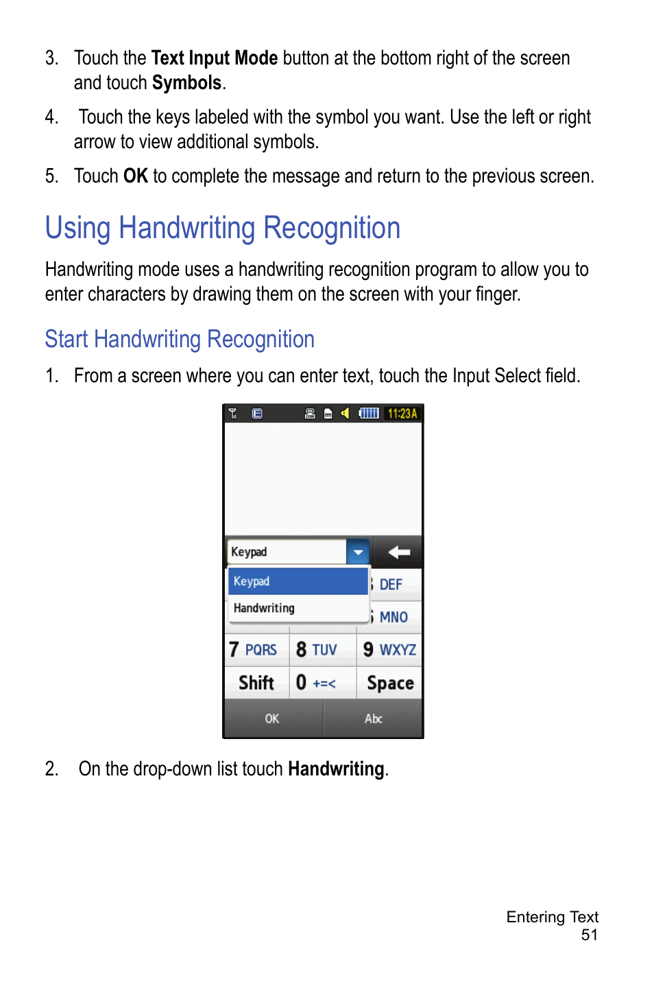 Using handwriting recognition, Start handwriting recognition | Samsung A886 User Manual | Page 57 / 208