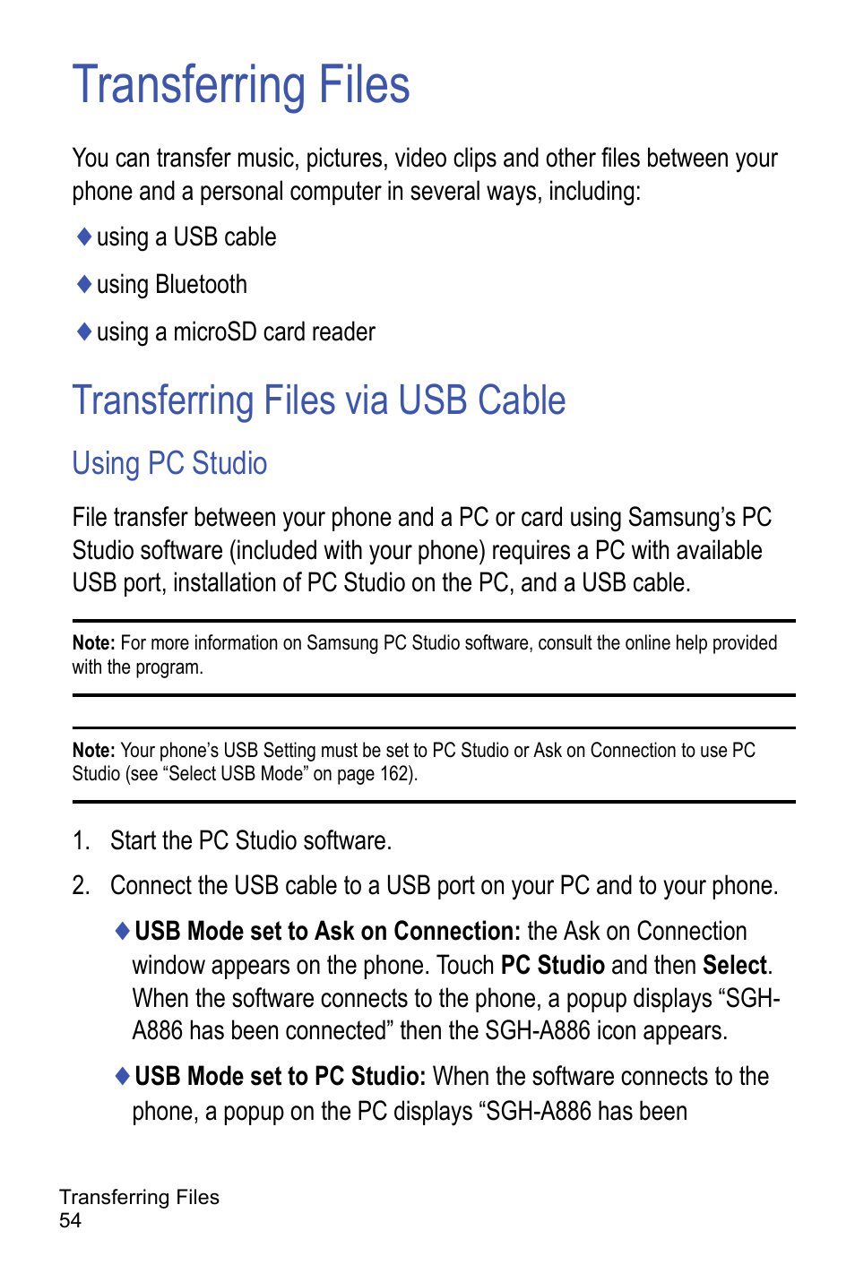 Transferring files, Transferring files via usb cable, Using pc studio | Samsung A886 User Manual | Page 60 / 208