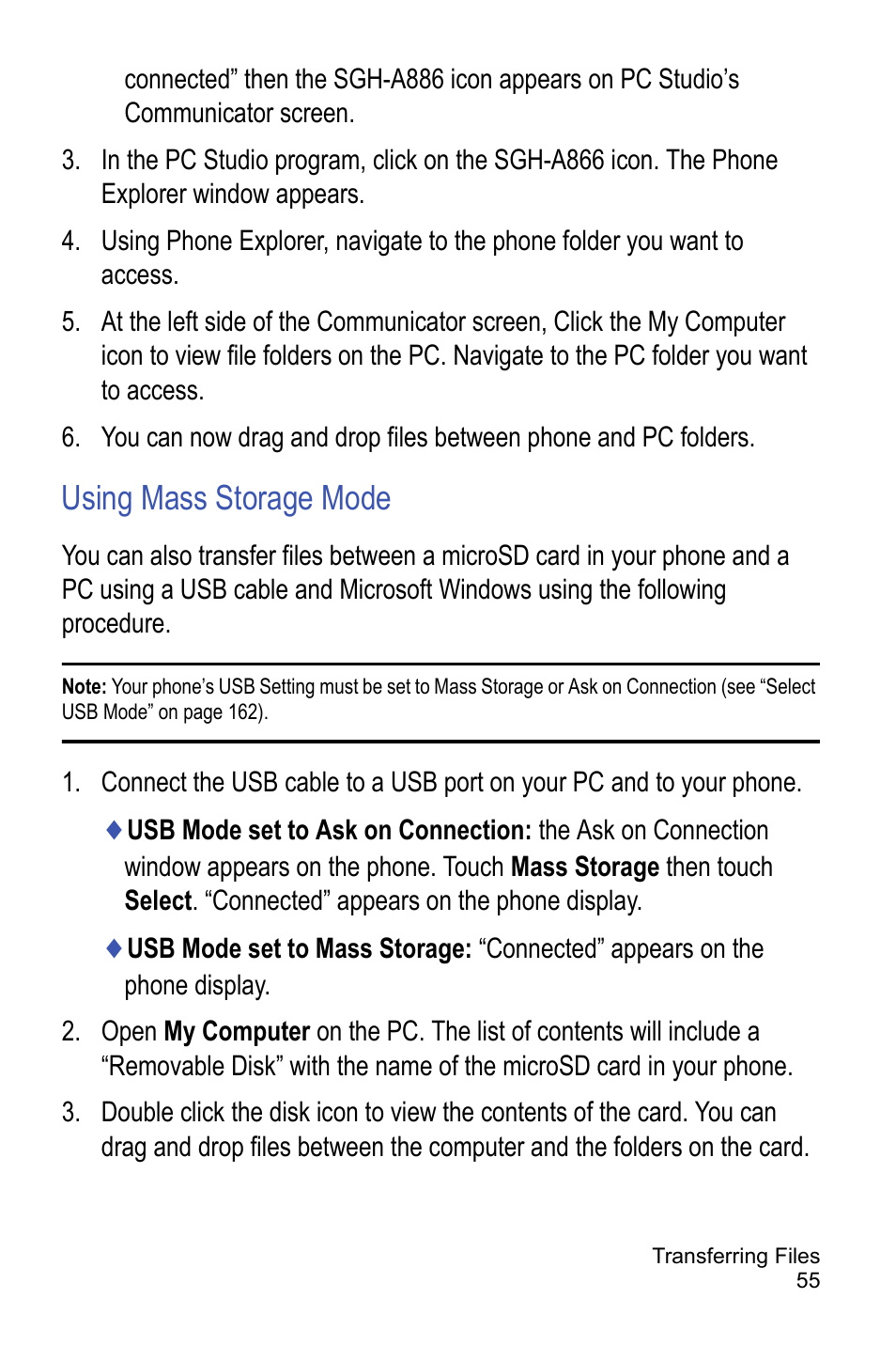 Using mass storage mode | Samsung A886 User Manual | Page 61 / 208