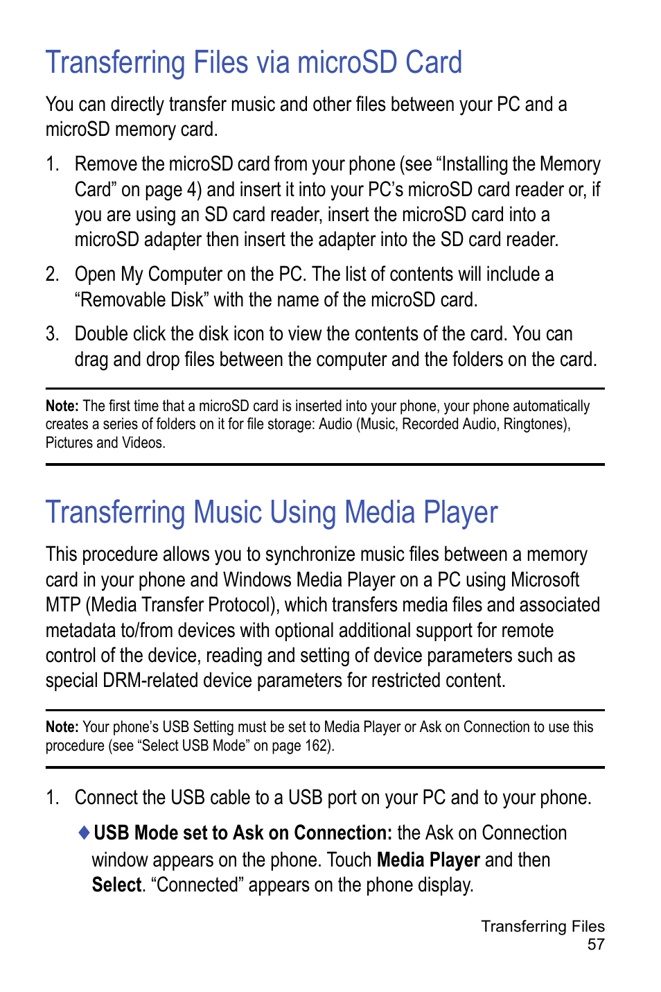 Transferring files via microsd card, Transferring music using media player | Samsung A886 User Manual | Page 63 / 208