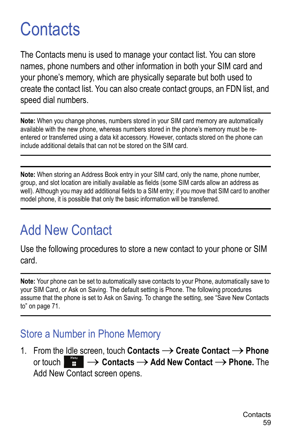 Contacts, Add new contact, Store a number in phone memory | E“add | Samsung A886 User Manual | Page 65 / 208