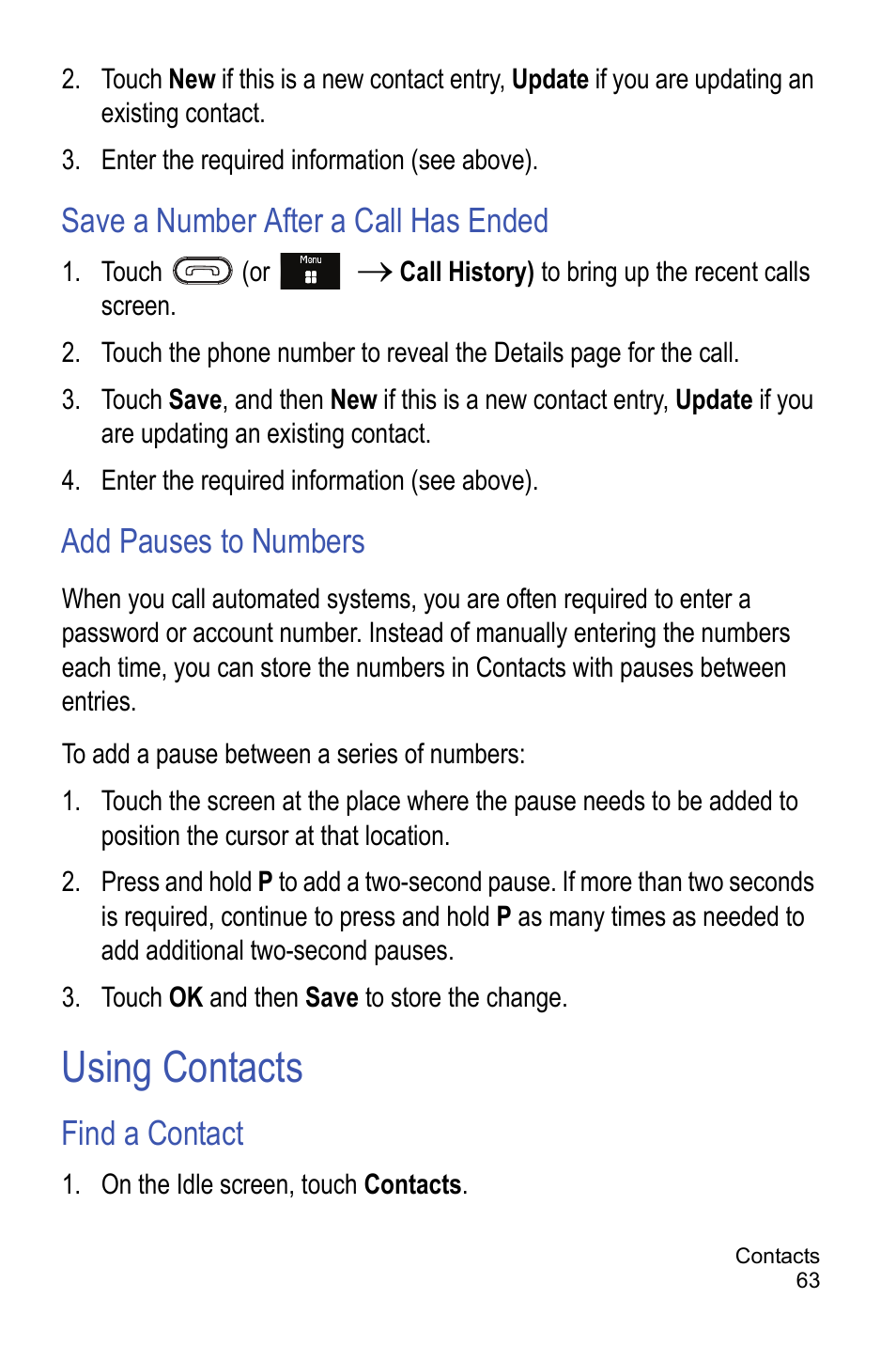 Save a number after a call has ended, Add pauses to numbers, Using contacts | Find a contact | Samsung A886 User Manual | Page 69 / 208