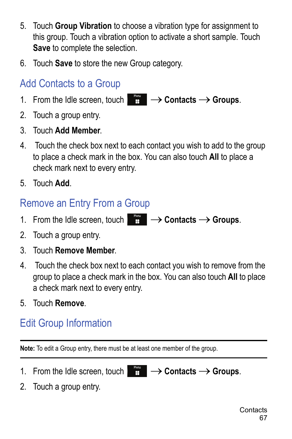 Add contacts to a group, Remove an entry from a group, Edit group information | Samsung A886 User Manual | Page 73 / 208