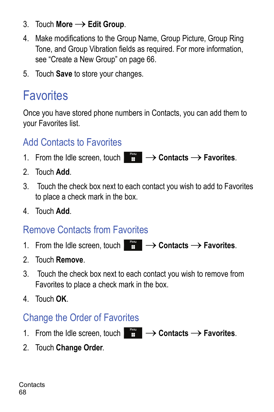 Favorites, Add contacts to favorites, Remove contacts from favorites | Change the order of favorites | Samsung A886 User Manual | Page 74 / 208
