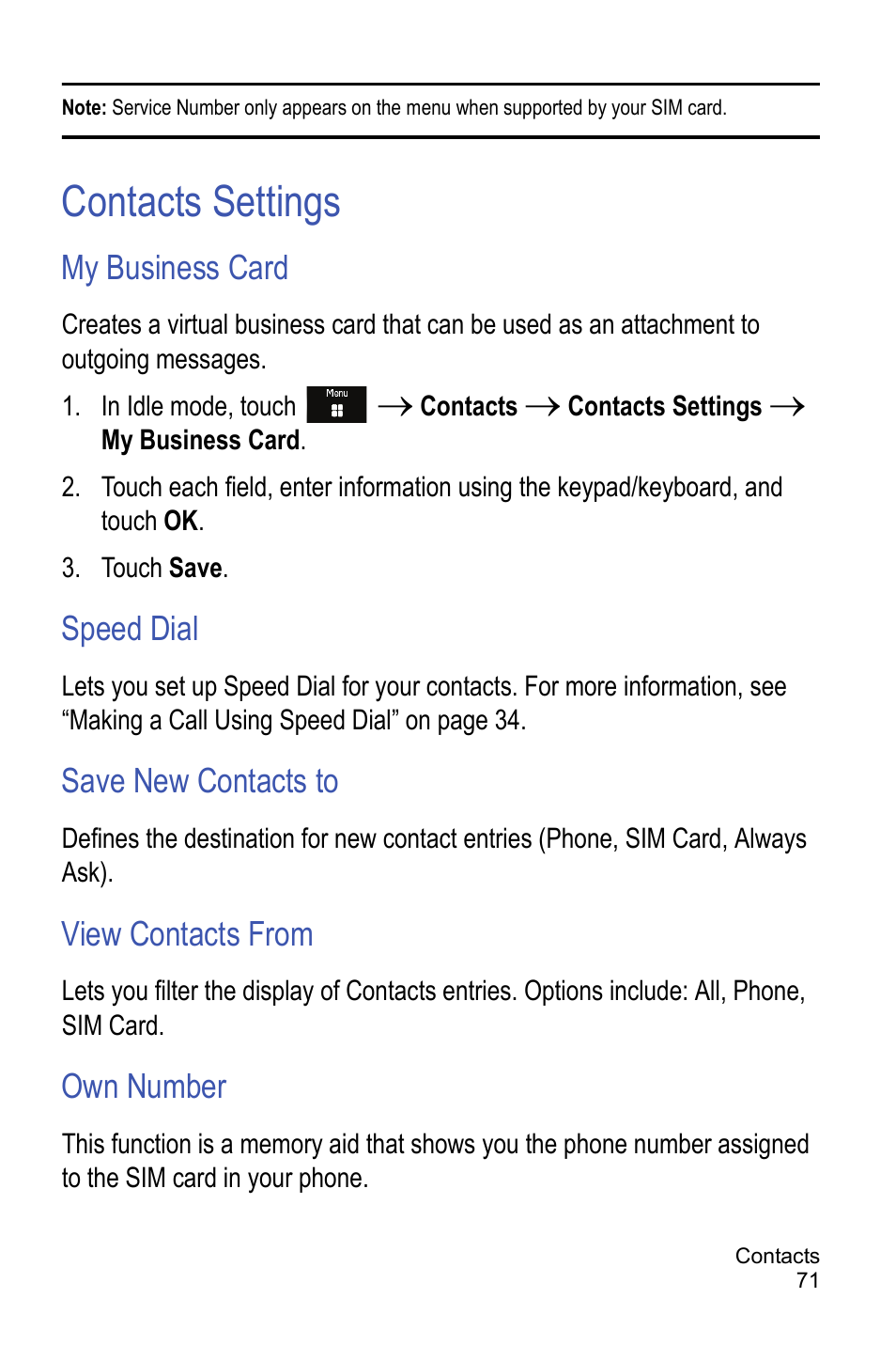 Contacts settings, My business card, Speed dial | Save new contacts to, View contacts from, Own number | Samsung A886 User Manual | Page 77 / 208