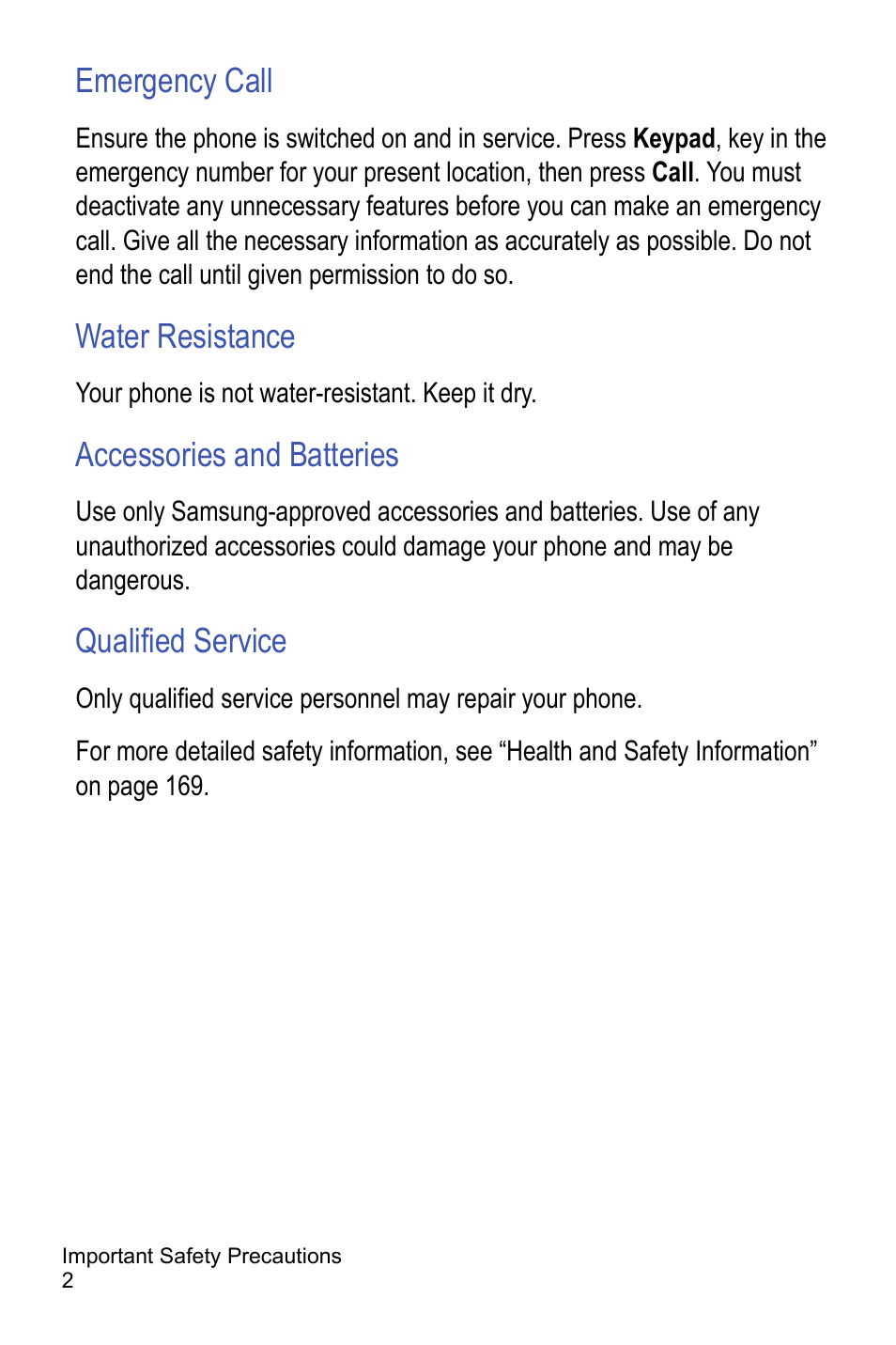 Emergency call, Water resistance, Accessories and batteries | Qualified service | Samsung A886 User Manual | Page 8 / 208
