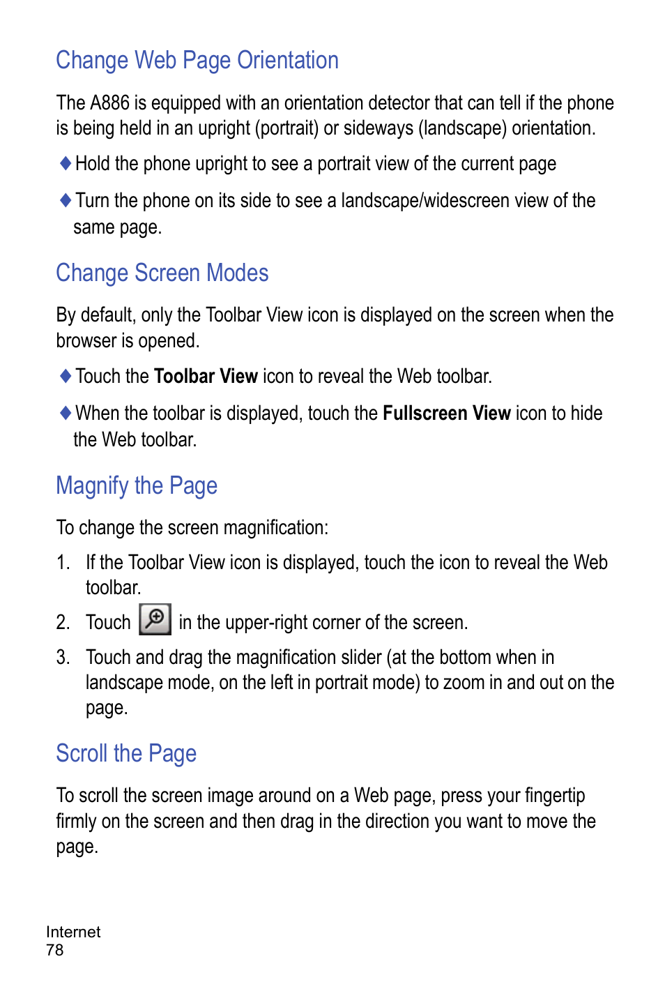 Change screen modes, Change web page orientation, Magnify the page | Scroll the page | Samsung A886 User Manual | Page 84 / 208