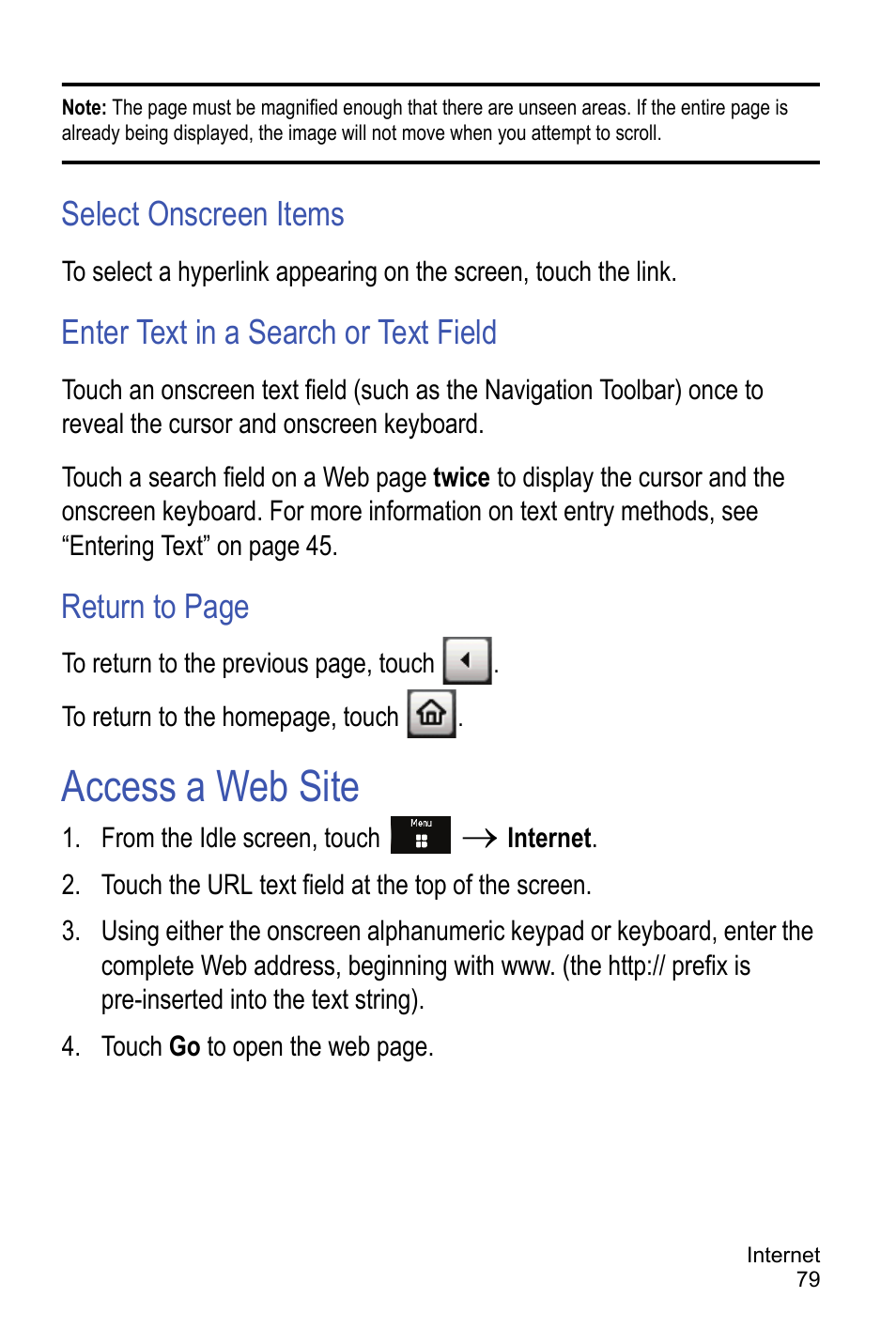 Enter text in a search or text field, Access a web site, Select onscreen items | Return to page | Samsung A886 User Manual | Page 85 / 208