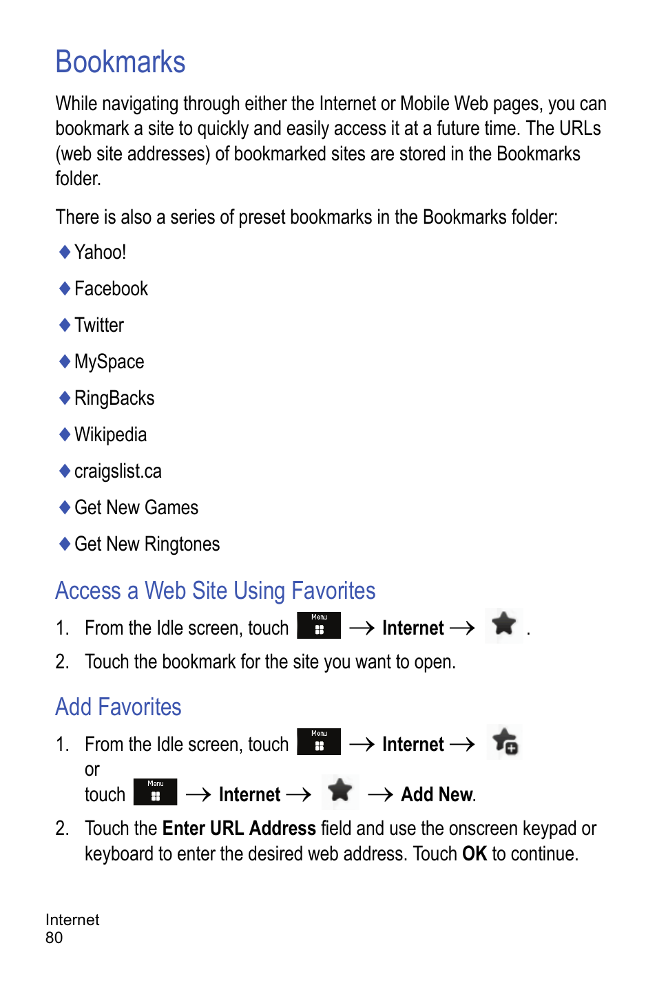 Bookmarks, Access a web site using favorites, Add favorites | Samsung A886 User Manual | Page 86 / 208