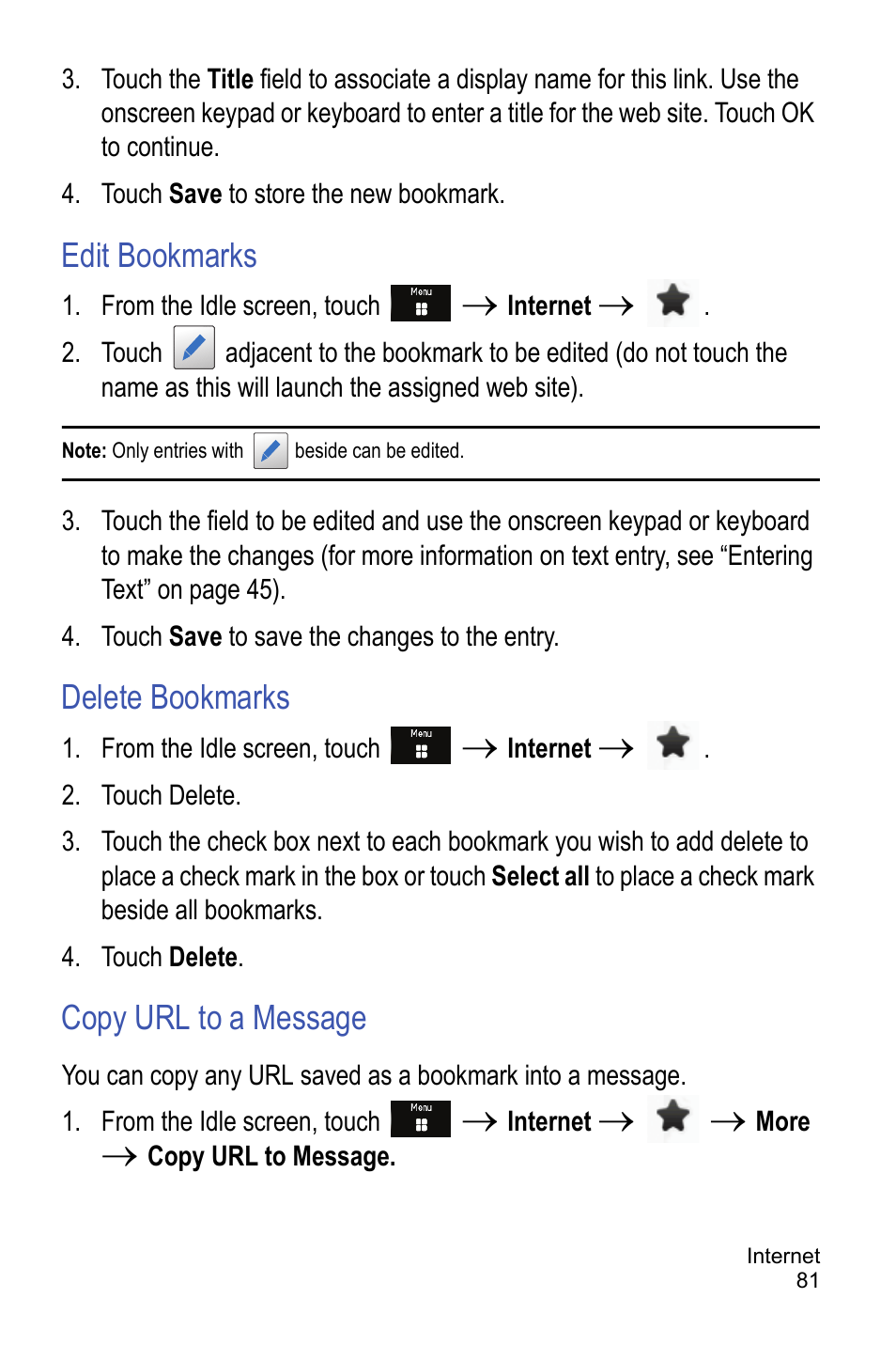 Edit bookmarks, Delete bookmarks, Copy url to a message | Samsung A886 User Manual | Page 87 / 208