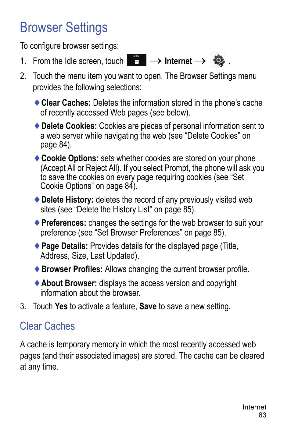 Browser settings, Clear caches | Samsung A886 User Manual | Page 89 / 208