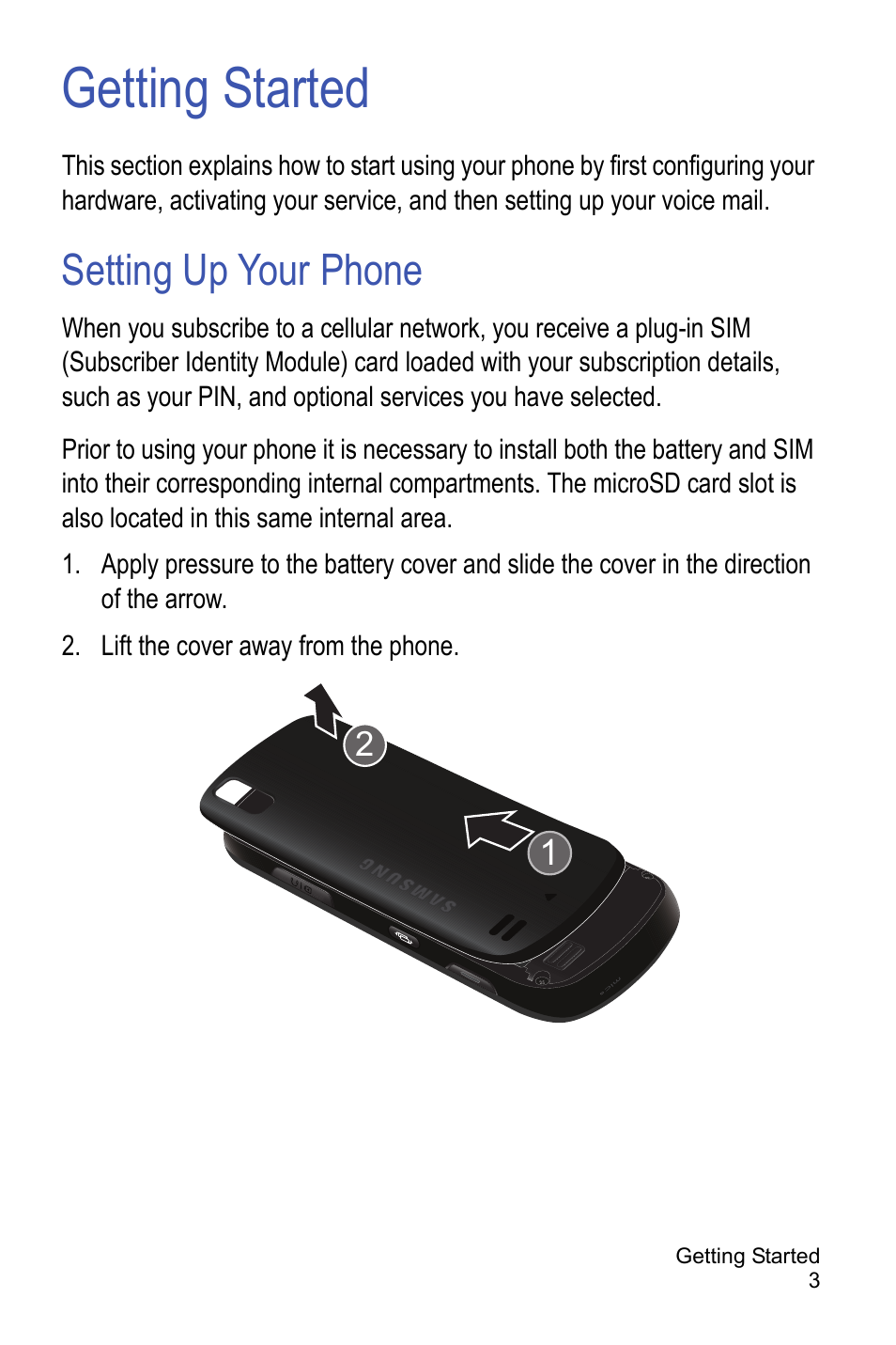 Getting started, Setting up your phone | Samsung A886 User Manual | Page 9 / 208