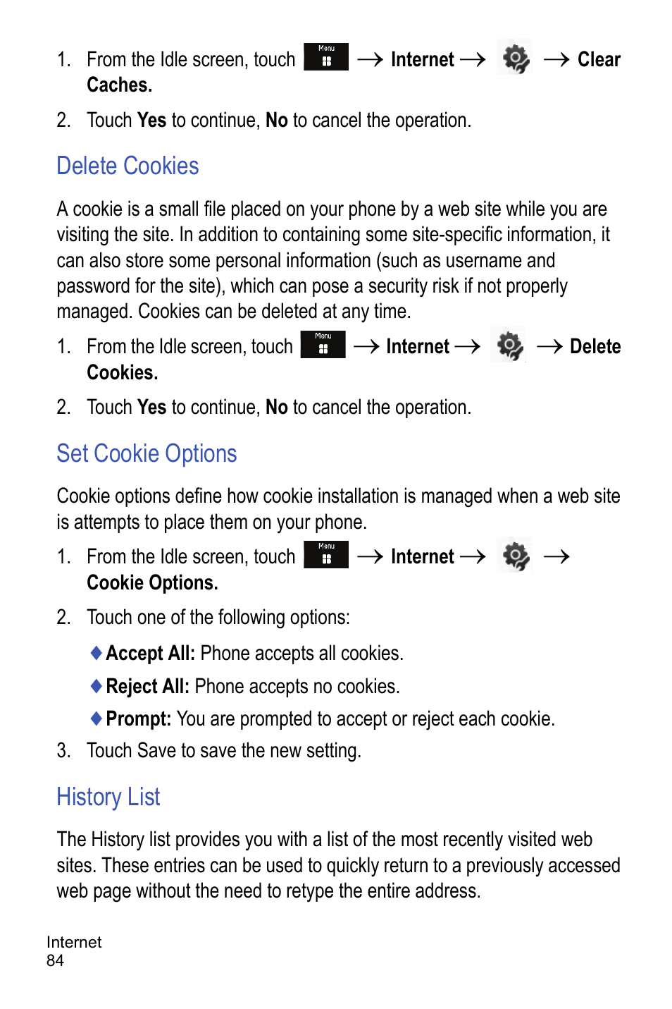 Delete cookies, Set cookie options, History list | Delete cookies” on, E “set | Samsung A886 User Manual | Page 90 / 208