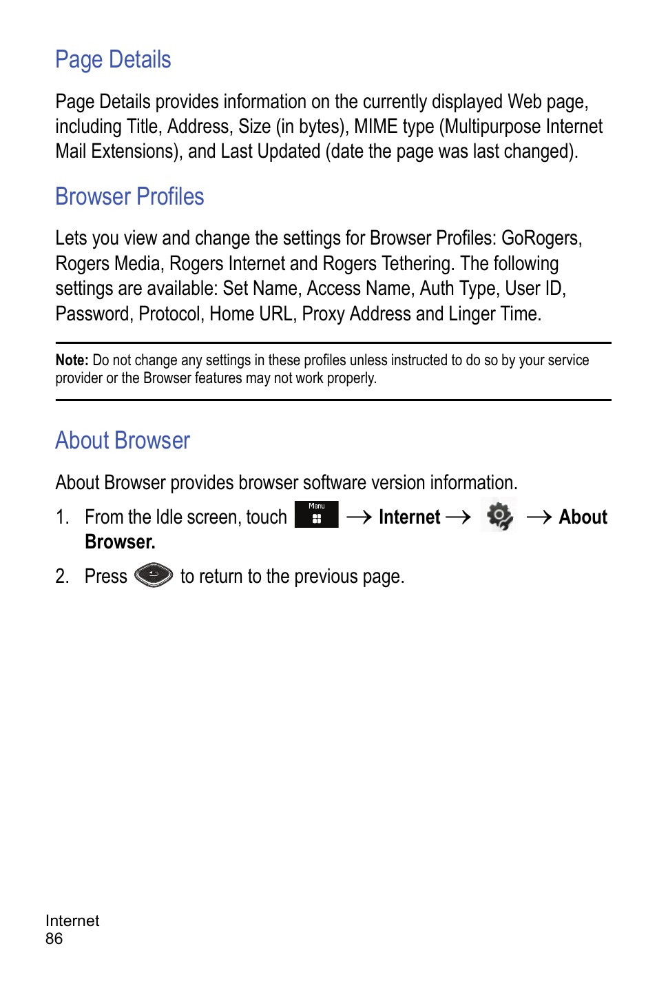 Browser profiles, About browser | Samsung A886 User Manual | Page 92 / 208