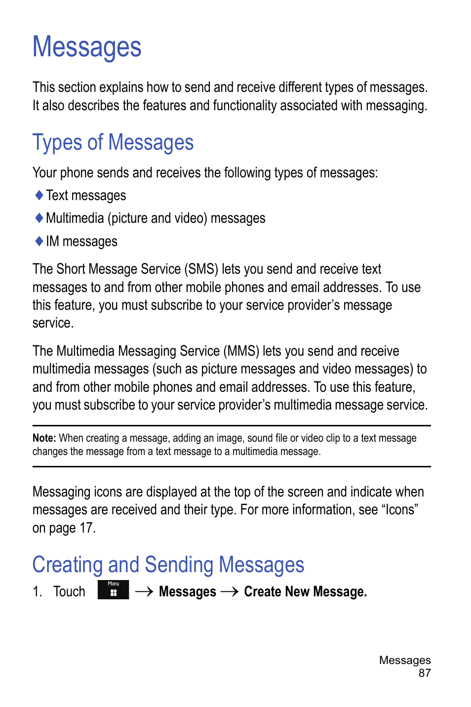 Messages, Types of messages, Creating and sending messages | Types of messages creating and sending messages, Creating and sending | Samsung A886 User Manual | Page 93 / 208