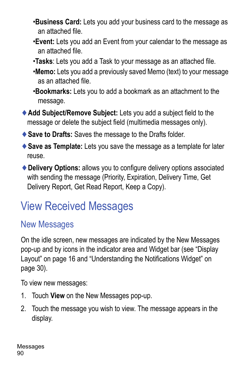 View received messages, New messages | Samsung A886 User Manual | Page 96 / 208