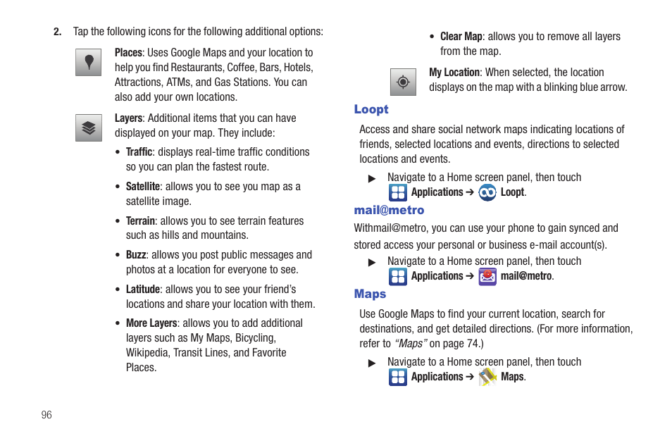 Loopt, Mail@metro, Maps | Loopt mail@metro maps | Samsung GALAXY INDULGE GH68-32785A User Manual | Page 100 / 167