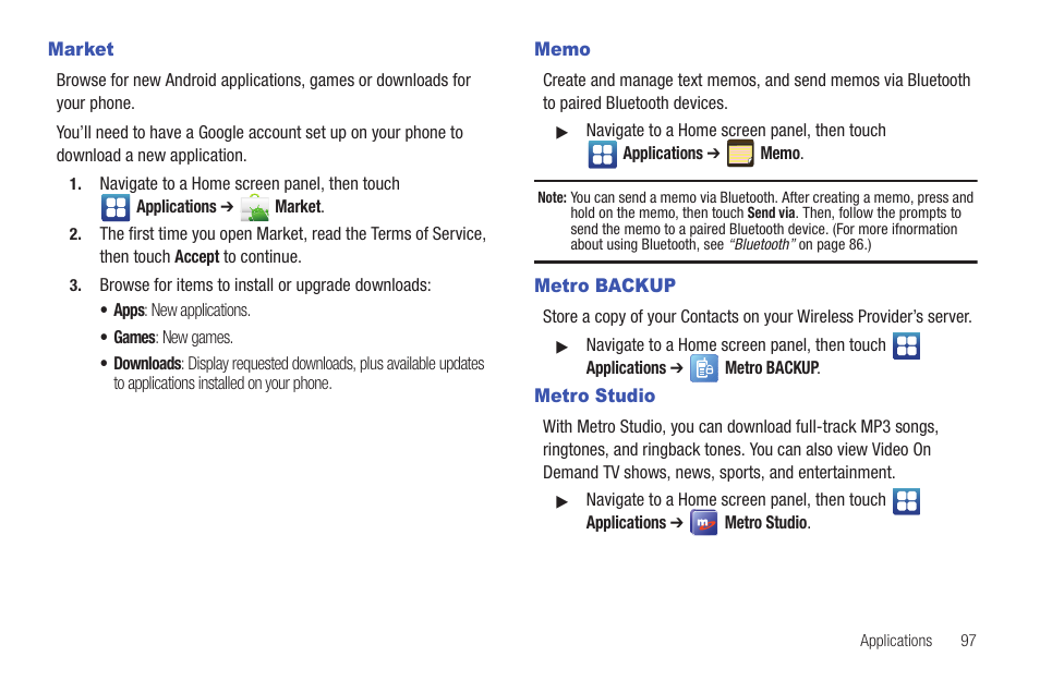 Market, Memo, Metro backup | Metro studio, Market memo metro backup metro studio | Samsung GALAXY INDULGE GH68-32785A User Manual | Page 101 / 167