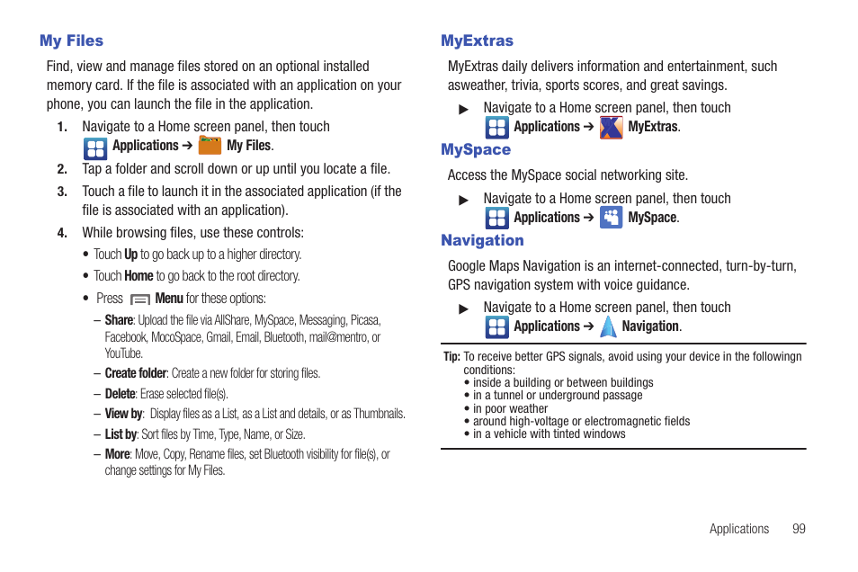 My files, Myextras, Myspace | Navigation, My files myextras myspace navigation | Samsung GALAXY INDULGE GH68-32785A User Manual | Page 103 / 167