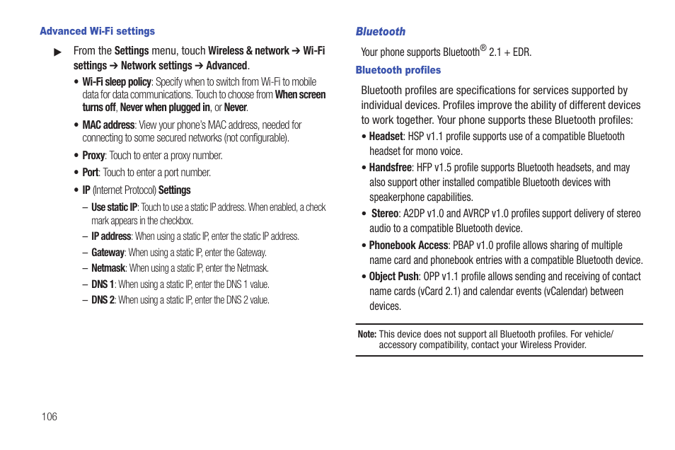 Advanced wi-fi settings, Bluetooth, Bluetooth profiles | Samsung GALAXY INDULGE GH68-32785A User Manual | Page 110 / 167