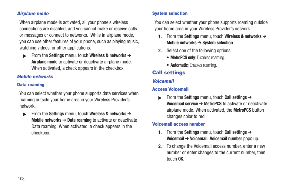 Airplane mode, Mobile networks, Data roaming | System selection, Call settings, Voicemail, Access voicemail, Voicemail access number | Samsung GALAXY INDULGE GH68-32785A User Manual | Page 112 / 167