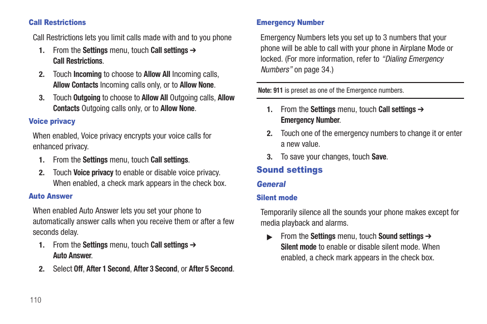 Call restrictions, Voice privacy, Auto answer | Emergency number, Sound settings, General, Silent mode | Samsung GALAXY INDULGE GH68-32785A User Manual | Page 114 / 167