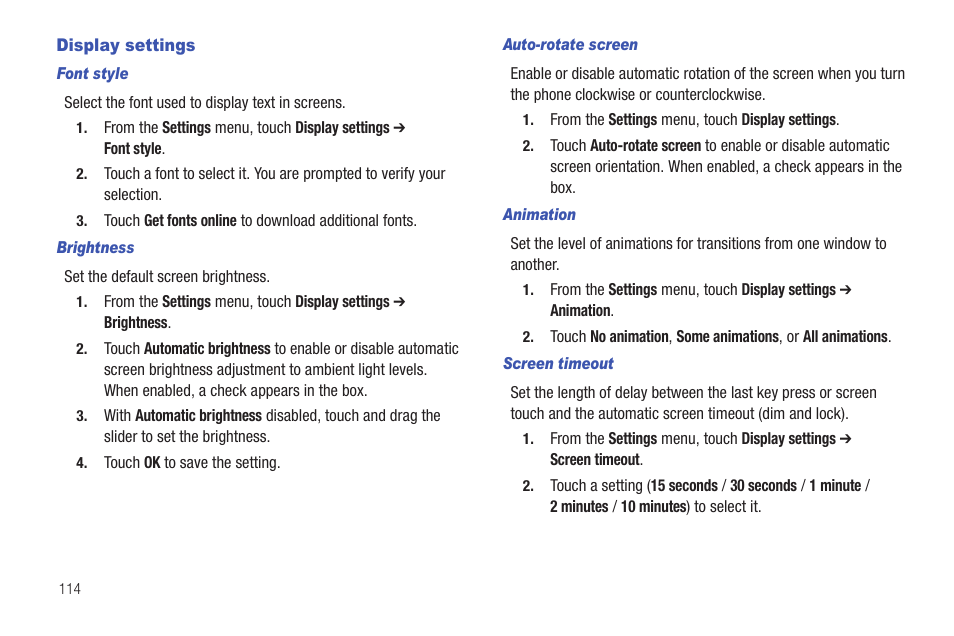 Display settings, Font style, Brightness | Auto-rotate screen, Animation, Screen timeout | Samsung GALAXY INDULGE GH68-32785A User Manual | Page 118 / 167