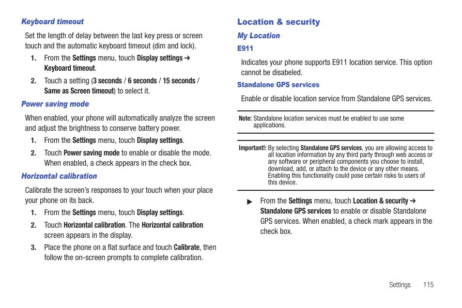 Keyboard timeout, Power saving mode, Horizontal calibration | Location & security, My location, E911, Standalone gps services | Samsung GALAXY INDULGE GH68-32785A User Manual | Page 119 / 167