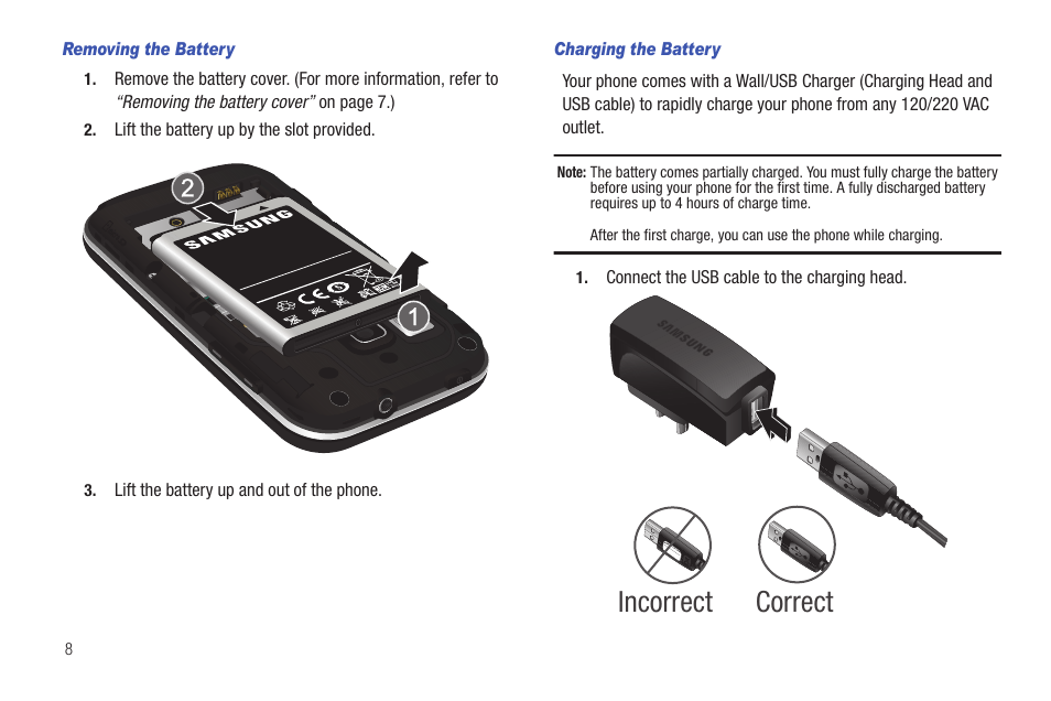 Removing the battery, Charging the battery, Correct incorrect | Samsung GALAXY INDULGE GH68-32785A User Manual | Page 12 / 167