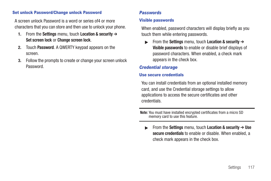 Set unlock password/change unlock password, Passwords, Visible passwords | Credential storage, Use secure credentials | Samsung GALAXY INDULGE GH68-32785A User Manual | Page 121 / 167