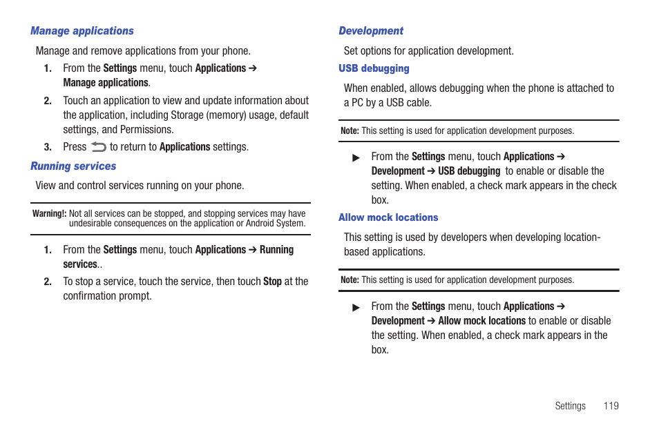 Manage applications, Running services, Development | Usb debugging, Allow mock locations | Samsung GALAXY INDULGE GH68-32785A User Manual | Page 123 / 167