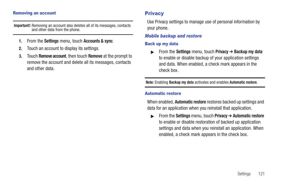 Removing an account, Privacy, Mobile backup and restore | Back up my data, Automatic restore | Samsung GALAXY INDULGE GH68-32785A User Manual | Page 125 / 167