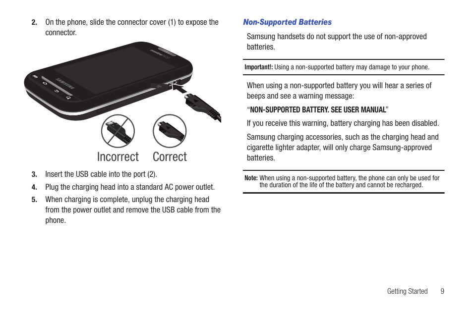 Non-supported batteries, Correct incorrect | Samsung GALAXY INDULGE GH68-32785A User Manual | Page 13 / 167