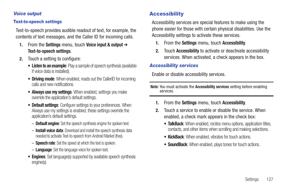 Voice output, Text-to-speech settings, Accessibility | Accessibility services | Samsung GALAXY INDULGE GH68-32785A User Manual | Page 131 / 167