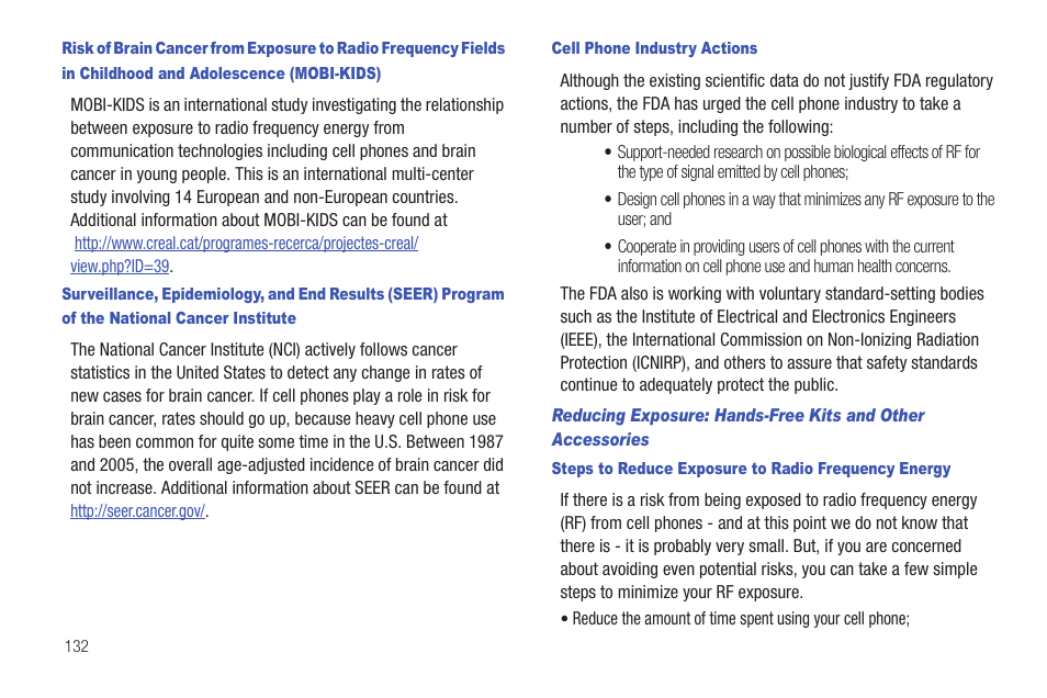 Cell phone industry actions, Steps to reduce exposure to radio frequency energy | Samsung GALAXY INDULGE GH68-32785A User Manual | Page 136 / 167