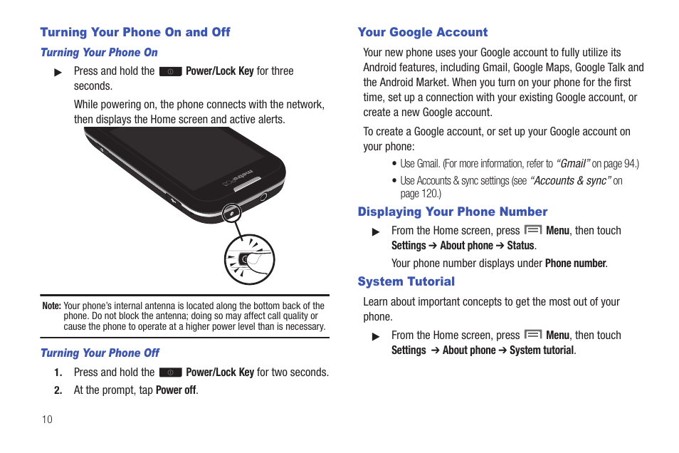 Turning your phone on and off, Turning your phone on, Turning your phone off | Your google account, Displaying your phone number, System tutorial | Samsung GALAXY INDULGE GH68-32785A User Manual | Page 14 / 167