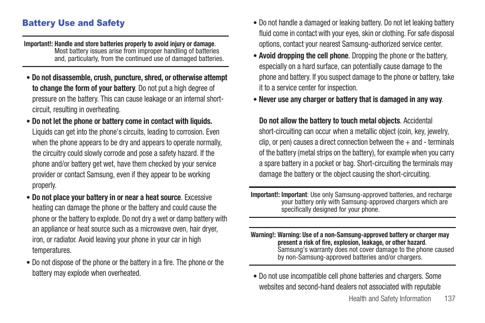 Battery use and safety | Samsung GALAXY INDULGE GH68-32785A User Manual | Page 141 / 167