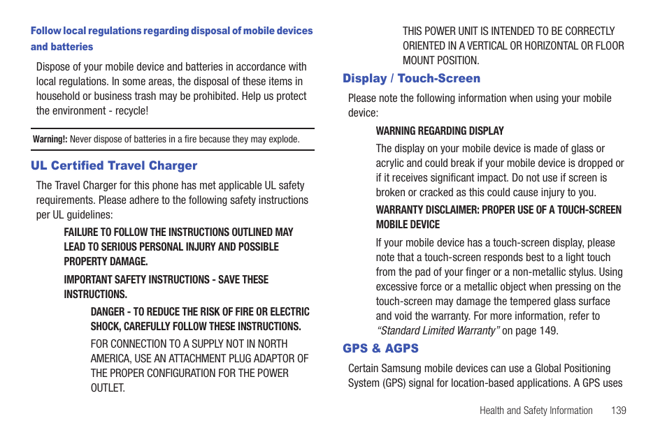 Ul certified travel charger, Display / touch-screen, Gps & agps | Samsung GALAXY INDULGE GH68-32785A User Manual | Page 143 / 167