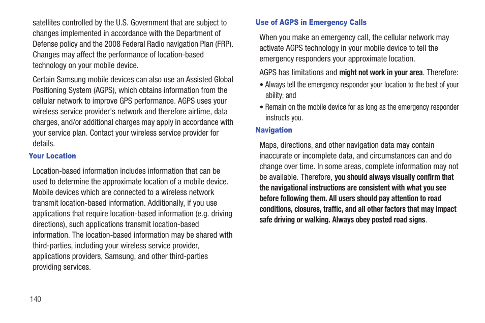 Your location, Use of agps in emergency calls, Navigation | Samsung GALAXY INDULGE GH68-32785A User Manual | Page 144 / 167