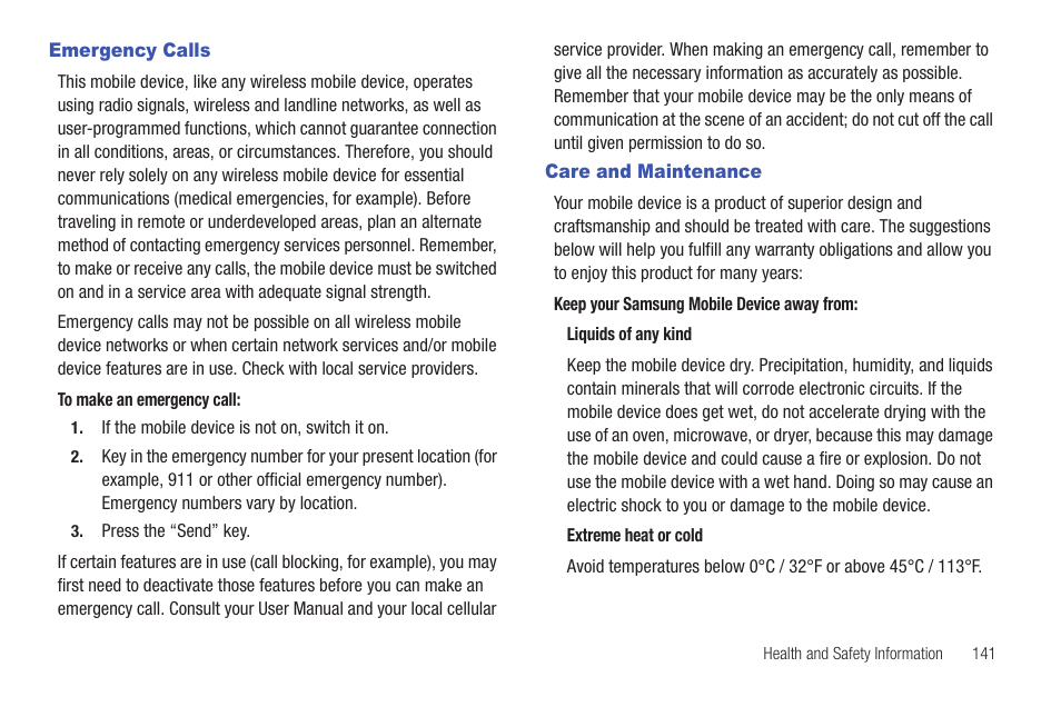 Emergency calls, Care and maintenance, Emergency calls care and maintenance | Samsung GALAXY INDULGE GH68-32785A User Manual | Page 145 / 167