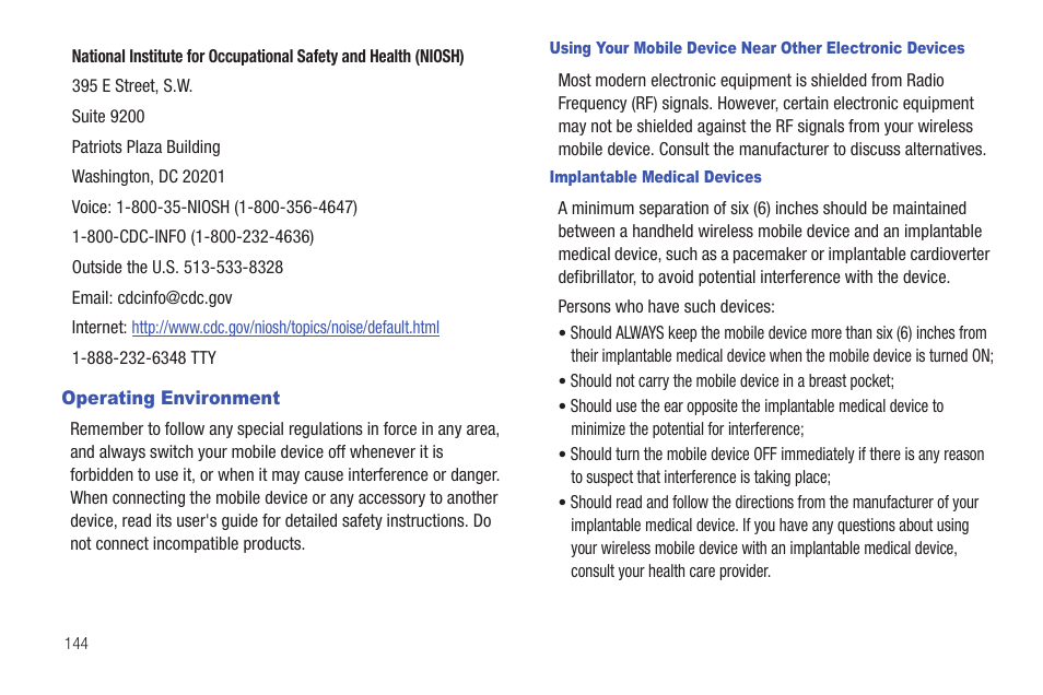 Operating environment, Implantable medical devices | Samsung GALAXY INDULGE GH68-32785A User Manual | Page 148 / 167