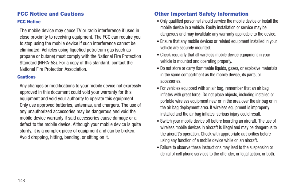 Fcc notice and cautions, Fcc notice, Cautions | Other important safety information | Samsung GALAXY INDULGE GH68-32785A User Manual | Page 152 / 167