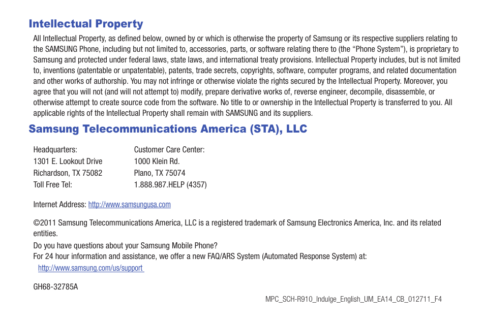 Intellectual property, Samsung telecommunications america (sta), llc | Samsung GALAXY INDULGE GH68-32785A User Manual | Page 2 / 167