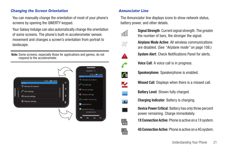 Changing the screen orientation, Annunciator line | Samsung GALAXY INDULGE GH68-32785A User Manual | Page 25 / 167