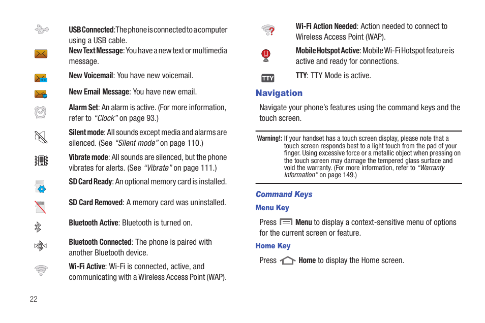 Navigation, Command keys, Menu key | Home key | Samsung GALAXY INDULGE GH68-32785A User Manual | Page 26 / 167