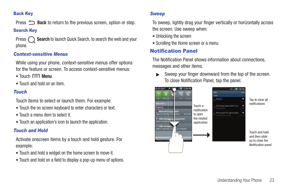 Back key, Search key, Context-sensitive menus | Touch, Touch and hold, Sweep, Notification panel | Samsung GALAXY INDULGE GH68-32785A User Manual | Page 27 / 167